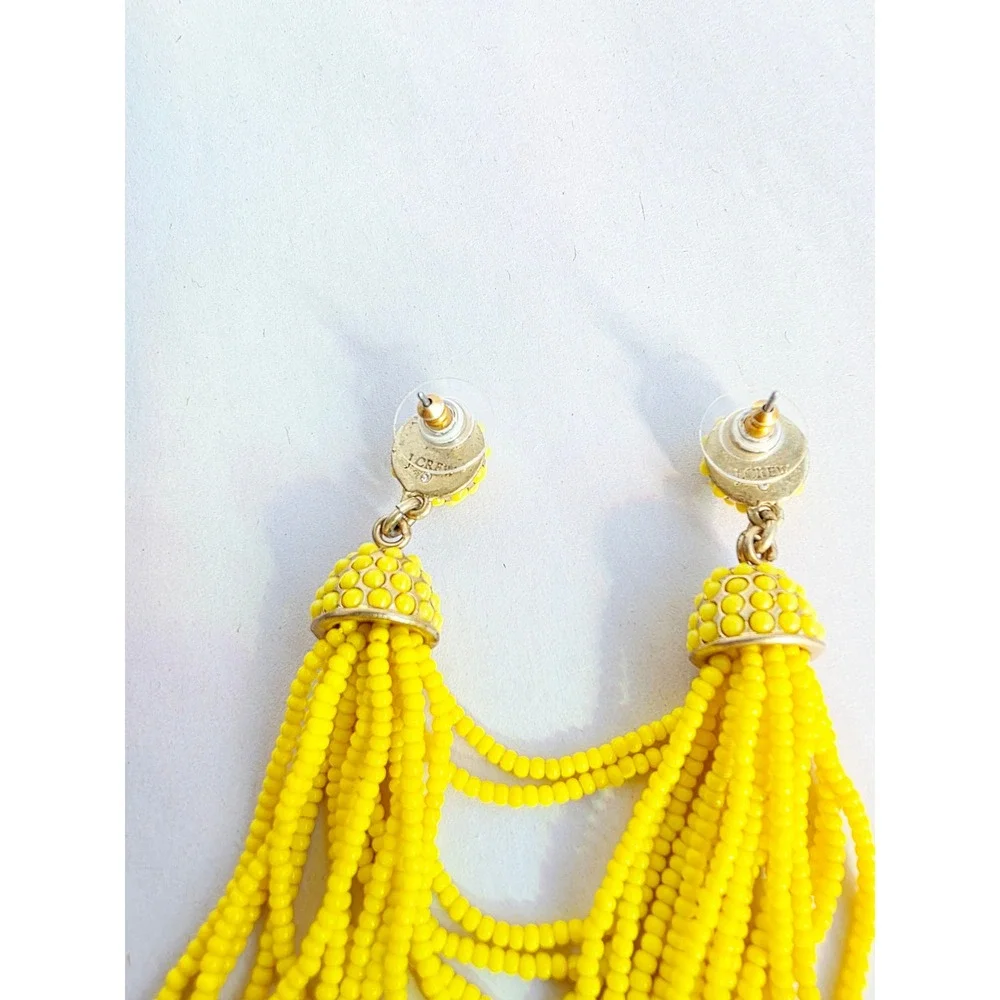 J.Crew Yellow Beaded Tassel Statement Earrings Gold Tone Post Back